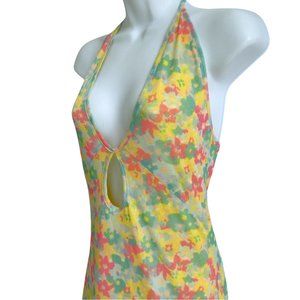 SNDYS. Mini Dress Mesh Floral Halter Cutout Backless Lined Multi Color Beachy S